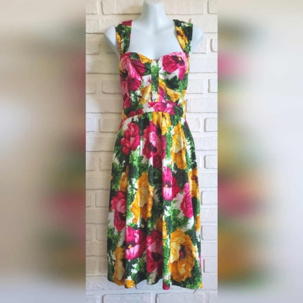 London Times Floral Cross Back Swing Dress Sweetheart Rockabilly Size 10 Retro